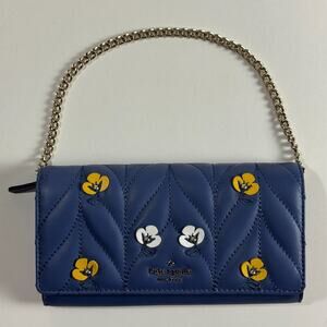 Kate Spade Briar Lane Blue Floral Quilted Clutch Wallet Chain Strap Leather